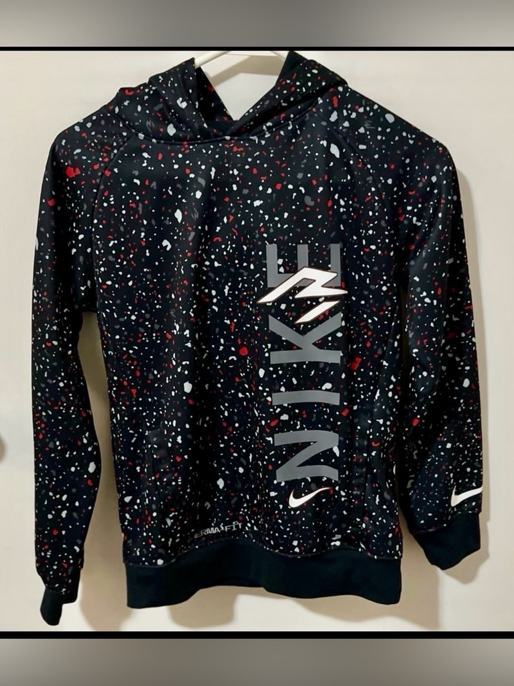 Nike Black Hoodie with Red and White Speckle Print